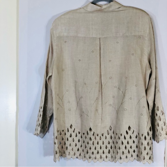 J Song Collection Tunic Top Women’s Size 18 100% Linen Tan Khaki Embroidered - Picture 12 of 14